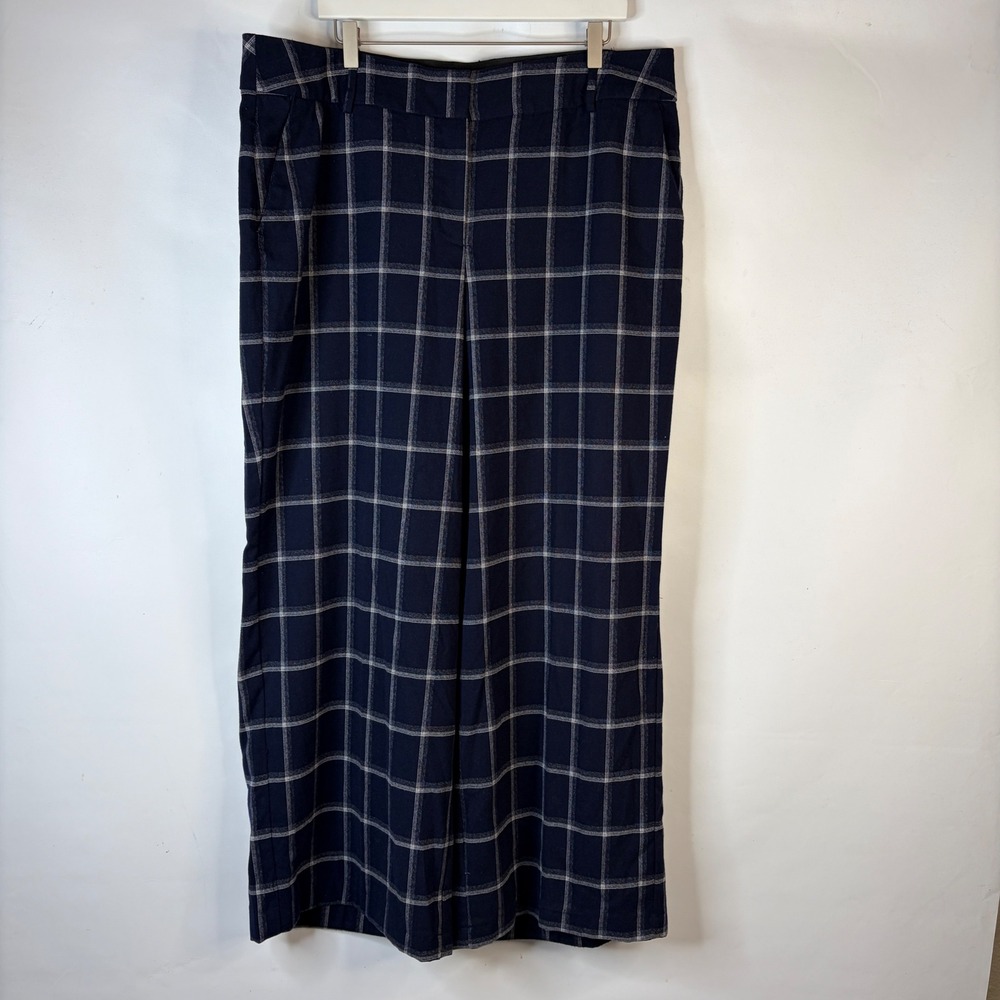 Lane Bryant Wide Leg Pants Womens 18 Navy Blue Windowpane Plaid High Rise